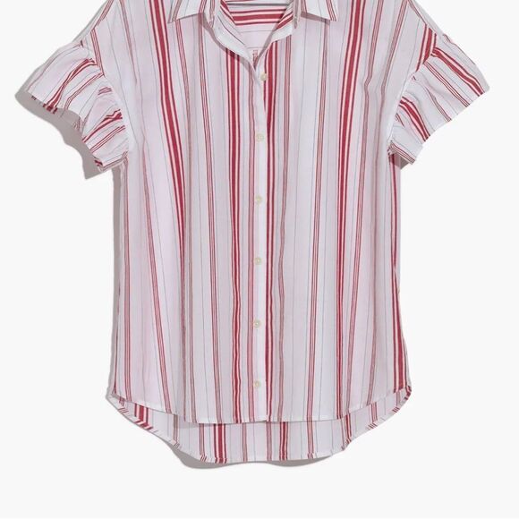 NEW Madewell Central Ruffle-Sleeve Shirt in Carey Stripe Red and White Size XS - Picture 9 of 10